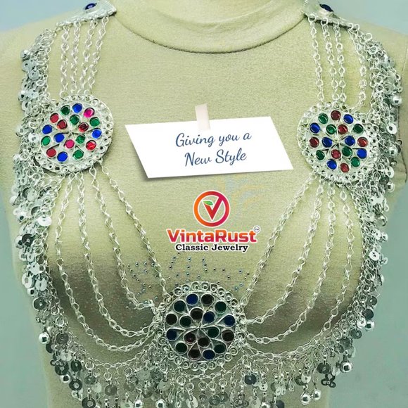 Multilayers Silver Bib Necklace With Dangling Tassels and Three Big Motifs - Picture 1 of 10